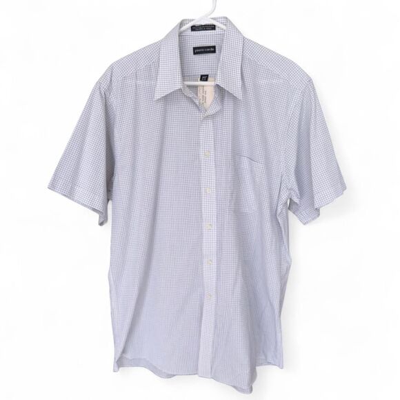 Pierre Cardin Blue and white checkered short sleeve button up shirt  size 16.5/L - Picture 1 of 7